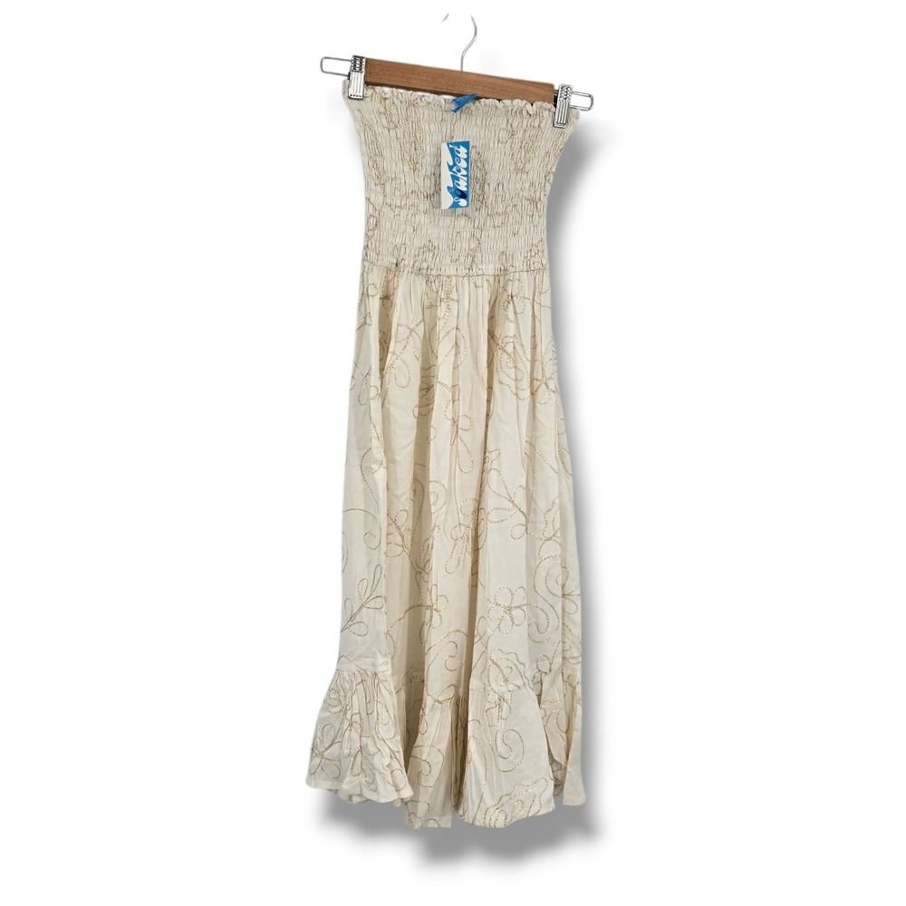 Soaked Womens Strapless Smocked Maxi Dress Cream‎ Gold Metallic Embroidered